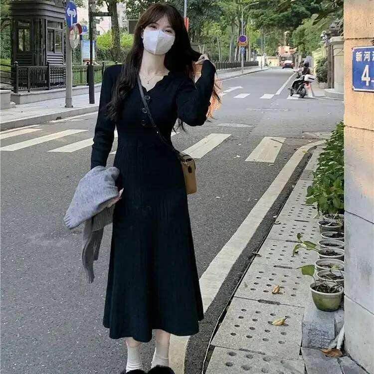 New Autumn Winter French Knitted Inner Dress Women's Slim Mid-length Skirt XJ260225