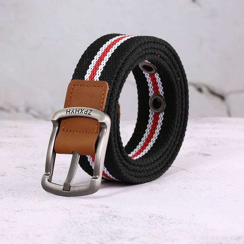 3.5cm Outdoor Canvas Men's Solid Color Black and Red Striped Woven Alloy Pin Buckle Sports Overalls Belt for Men Wholesale Y260225
