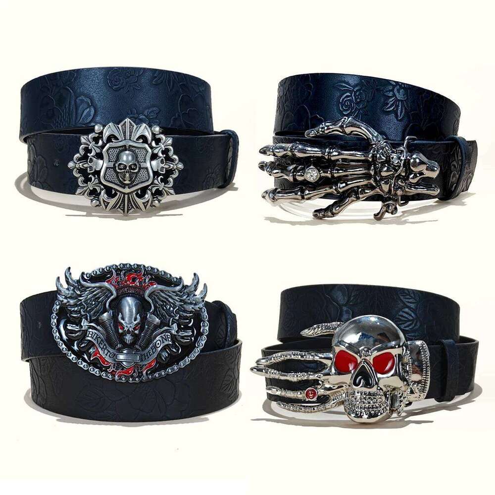 Men's Vintage Embossed Leather Belt Skull Ghost Buckle Y2K Gothic Punk Rock Hip Hop Accessory spring summer Winter Waistband Y260225