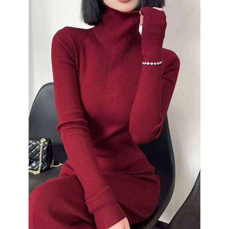 Tall Autumn Winter Turtleneck Sweater Long Sleeves Slim Base Knitted Dress Women XJ260225