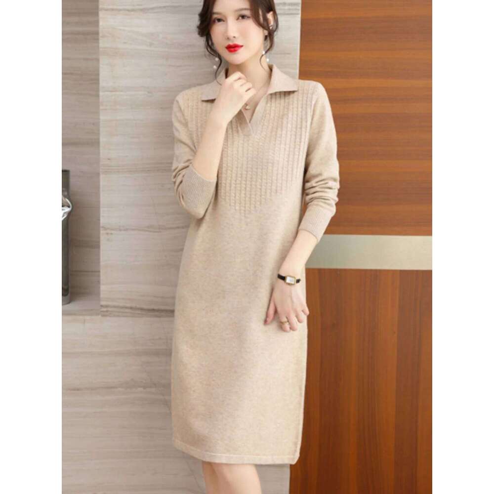 Autumn Winter Polo Collar Women's Knitted Dresses 2025 New Solid Korean Long Sleeve Elegant Bodycon Wrap Dress Female CQ296 XJ260225