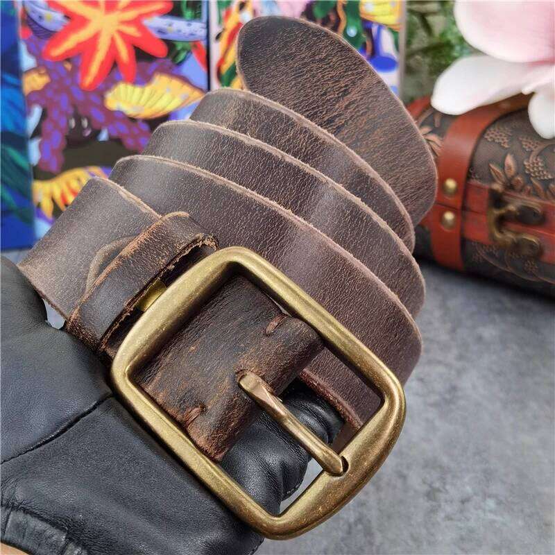 Retro Cowboy Jeans Men's Vintage Brass Buckle Thick Leather Ceinture For Long Waist Belt Men MBT0539 Y260225