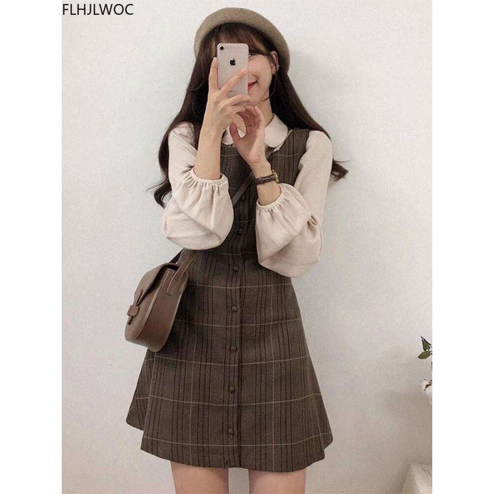 Cute Mini New Year Date Dresses Sleeveless Vest Women Korea Japanese Style Design Retro Vintage Plaid Button Shirt Dress 11021 XJ260225