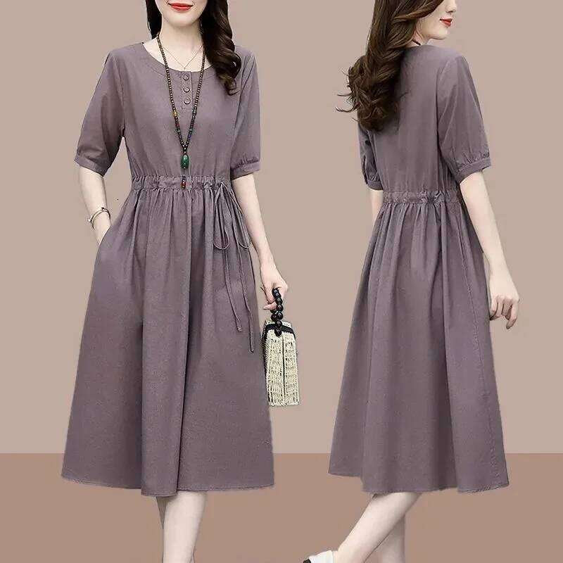 Summer Solid O Neck Pocket Drawstring Midi Dress Women Fashion 2022 Korean Elegant Cotton Linen Casual Loose Comfortable Dresses XJ260225