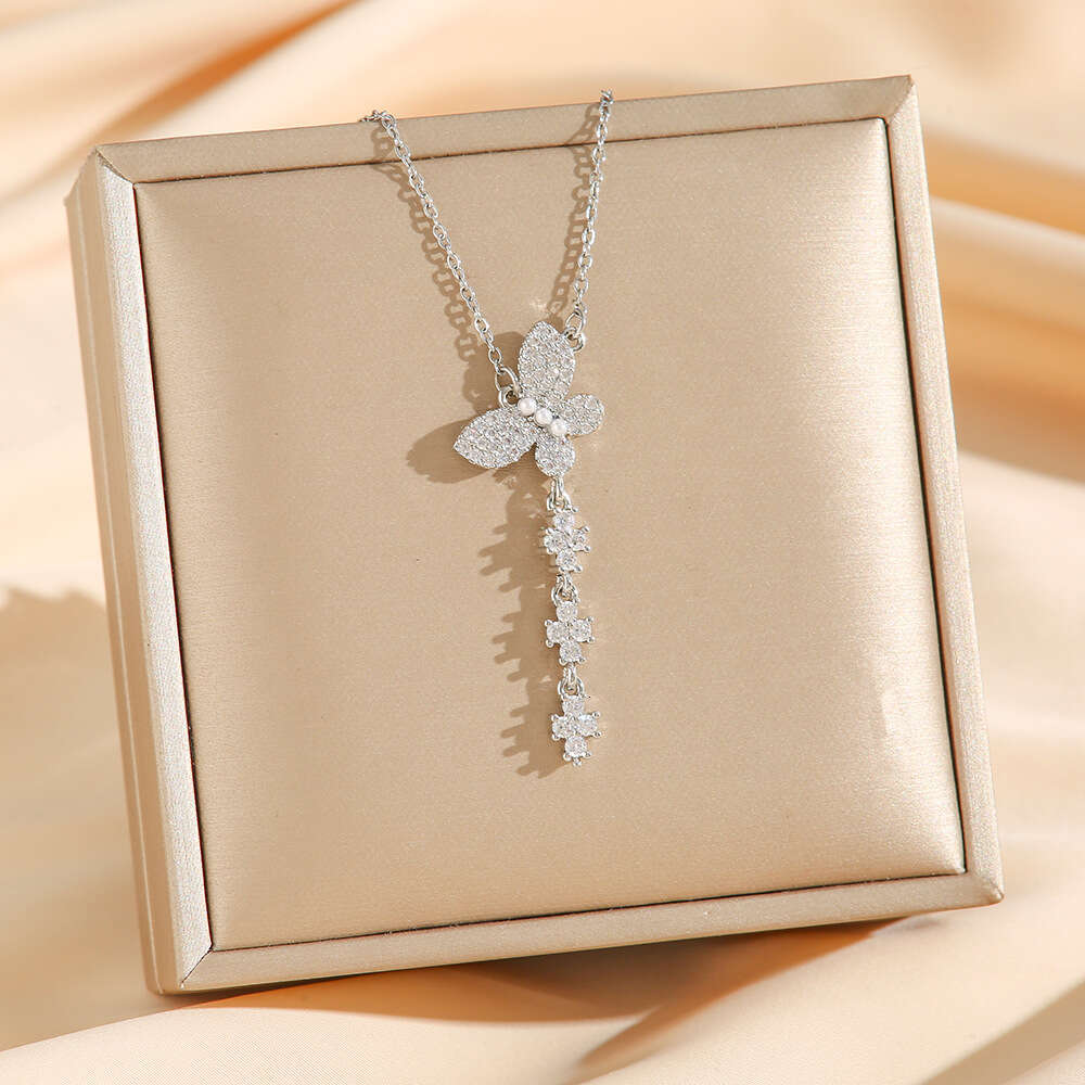 Micro-Inlaid Zircon Butterfly Shell Pearl Tassel Titanium Steel Necklace for Women Light Luxury Niche Design Clavicle Chain