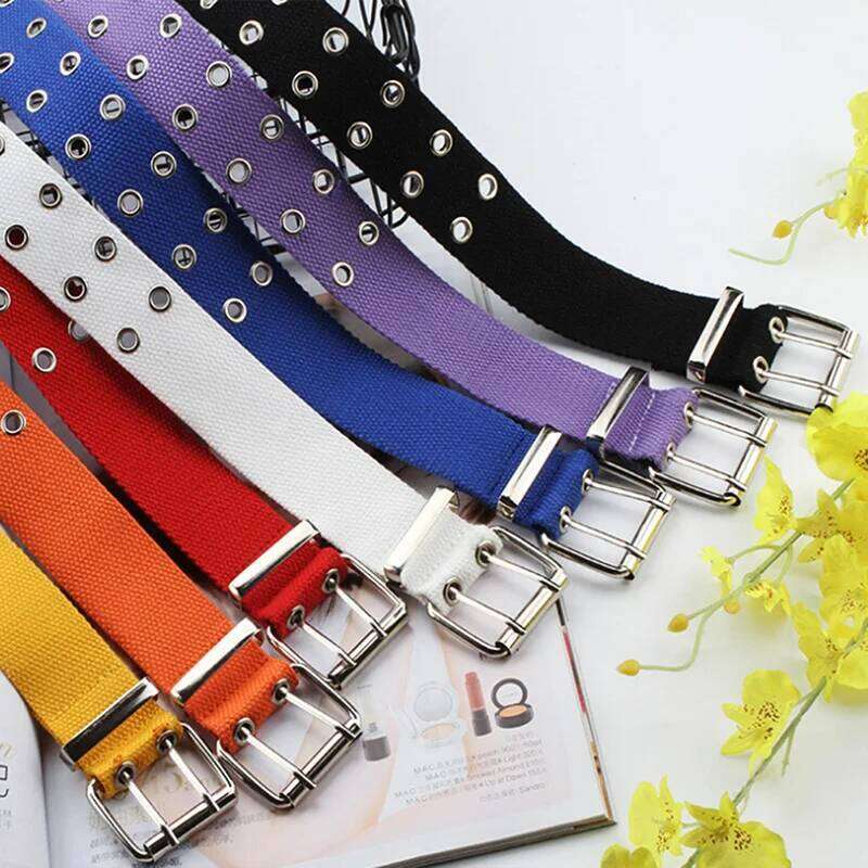 Women Studded Grommet Hole 2 Row Pin Buckle Canvas Nylon Belt Waistband 105cm Y260225