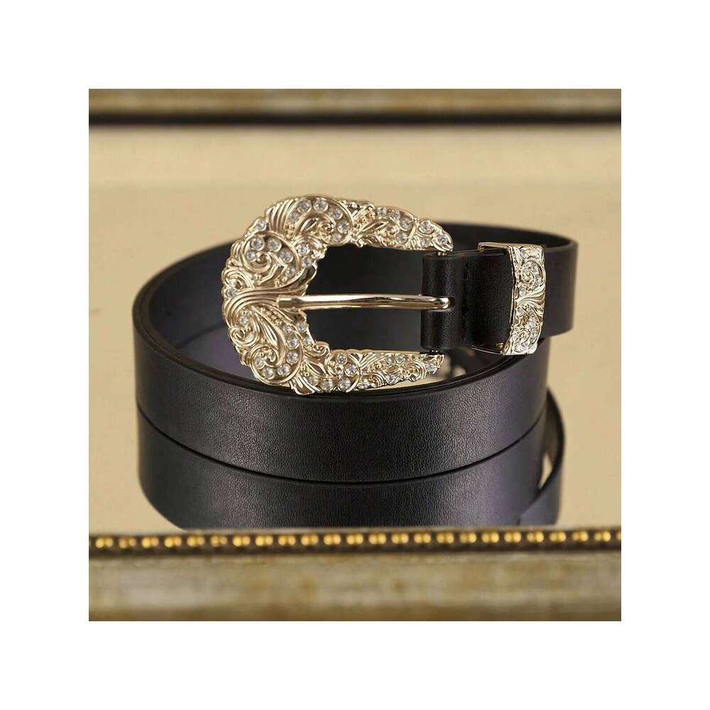 1 women's black gold alloy buckle belt, bohemian atmosphere, simple fashion wear, trendy clothing, suitable for daily use Y260225