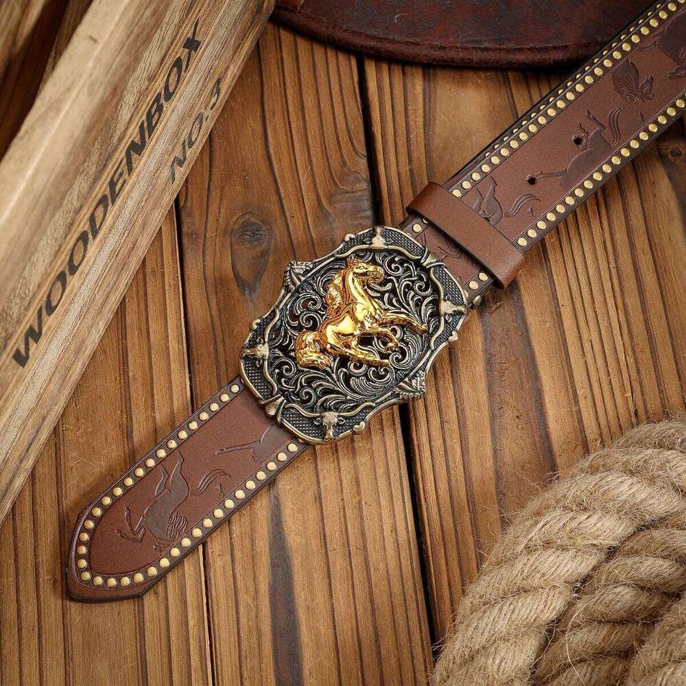 A unisex Western-style belt with vintage metal buckles, durable PU leather, and a cutting-edge fashion accessory for cowboys Y260225