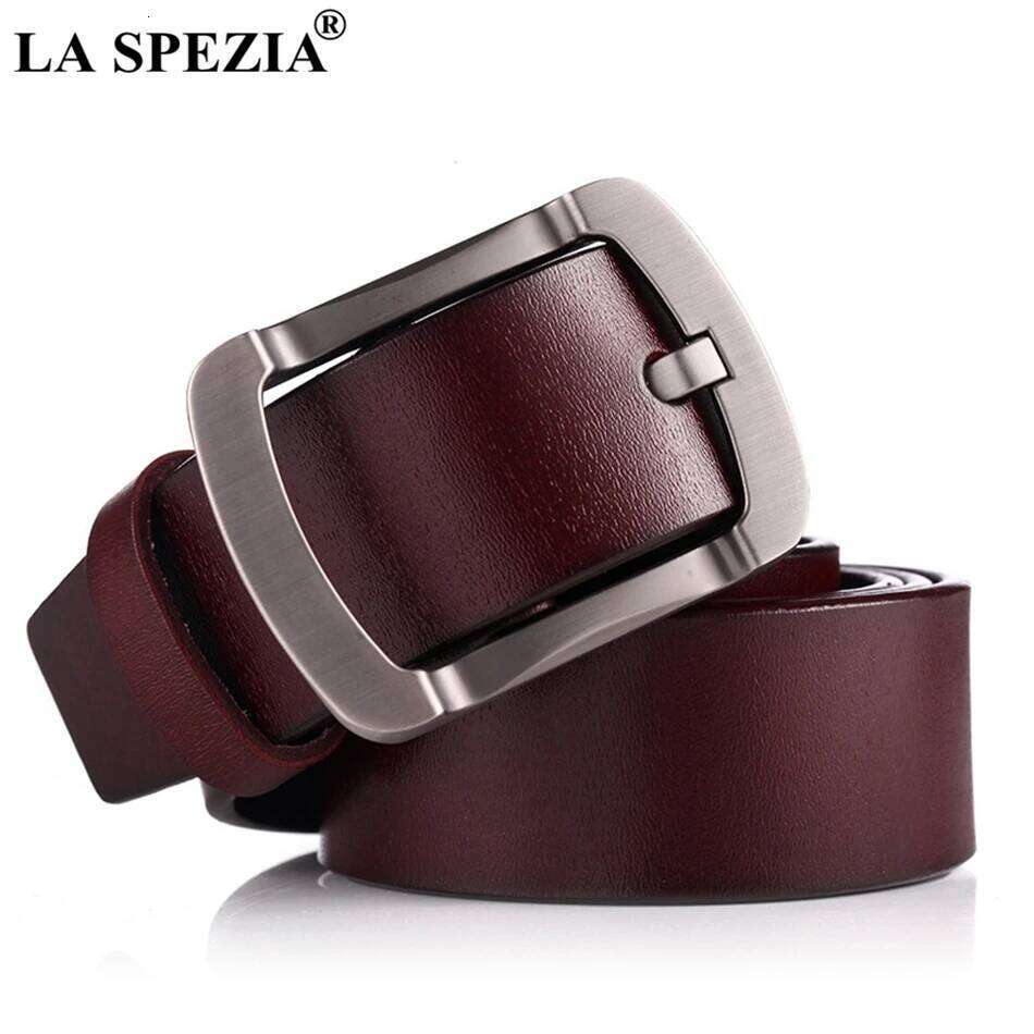 LA SPEZIA Men Genuine Cowskin Burgundy Pin Buckle Vintage Fashion Designer Brand Real Leather Male Jeans Belt Y260225