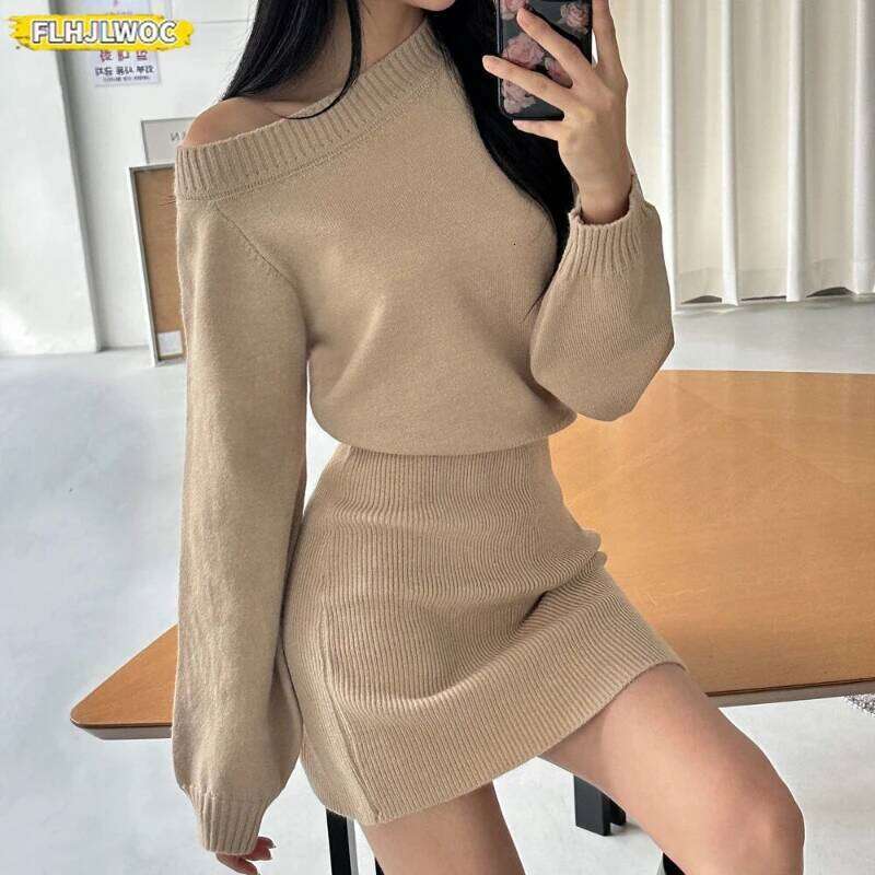 Women Knitted Bodycon Pencil Mini Dresses Autumn Winter Solid Vestidos Long Sleeve Slim Bandage Lady Chic Korean Sweater Dress XJ260225
