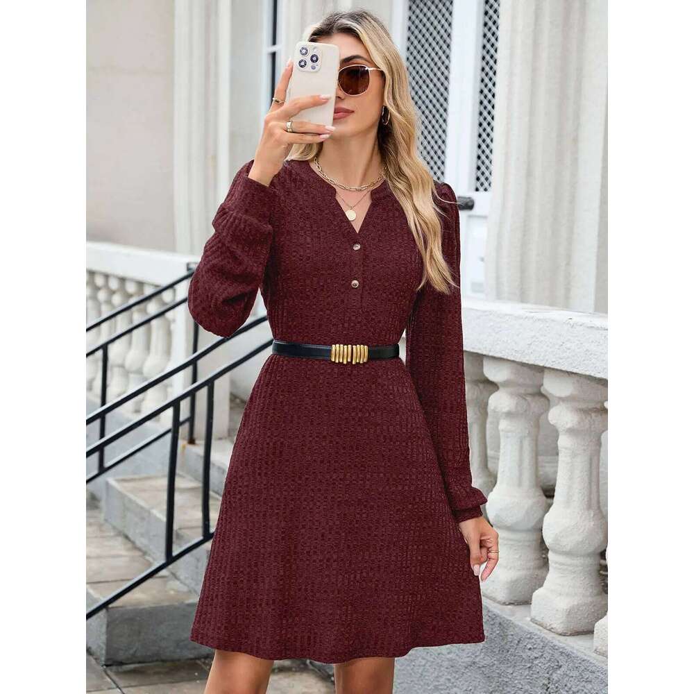 ZAFUL Womens Long Sleeve Fall Dresses with Pockets V Neck Button Casual Bodydoll Knit Sweater Dress 2025 XJ260225