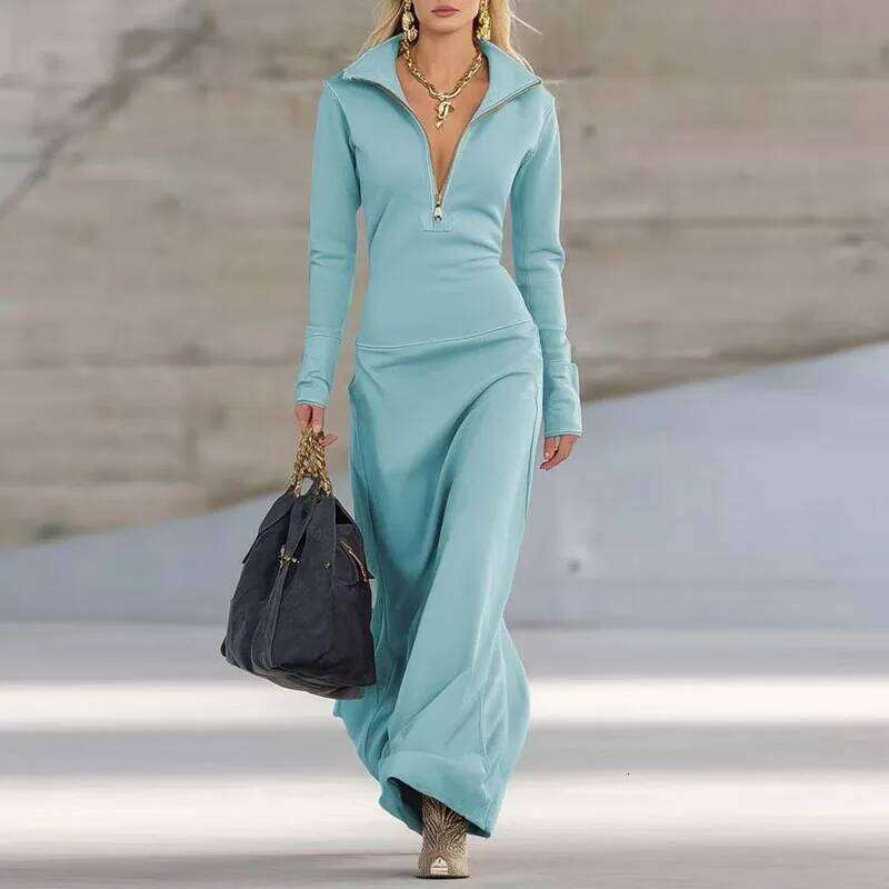 Elegant Long Sleeve Polo Collar Woman Casual Slim Solid Zipper Commute Dresses New Autumn Winter Holiday A-Line Maxi Dress XJ260225