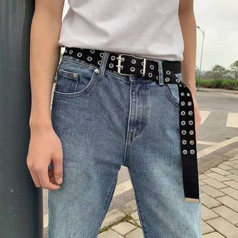 Fashion Wide Canvas Belts Casual Double Hollow Hole Buckle Belt Adjustable Solid Color Waist Strap For Women Men Students Jeans Y260225