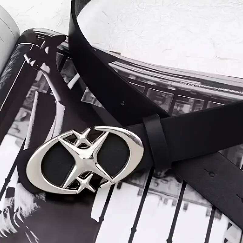 Oval-shaped Double Crescent Moon Cross Star Buckle Belt, Durable, Simple Universal Gift for Both Men and Women Y260225