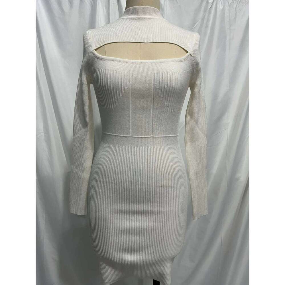 Sexy Knitted Bodycon Short Women Elegant White Hollow Sweater Dress Autumn Winter Fashion Basic New In Dresses 2025 XJ260225