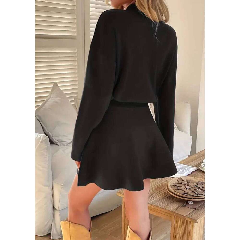 Autumn & Winter New European-American Casual Knit Two-Piece Set: Mock Neck Long-Sleeve Sweater + High-Waisted A-Line Mini Skirt, XJ260225