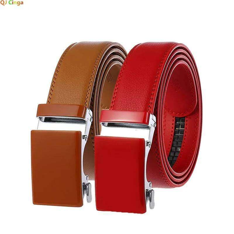 Red Men's Belt, Automatic Buckle Belts Khaki Blue White Cinturon Male Waistband, Size 100cm-125cm Available, 2025New Y260225