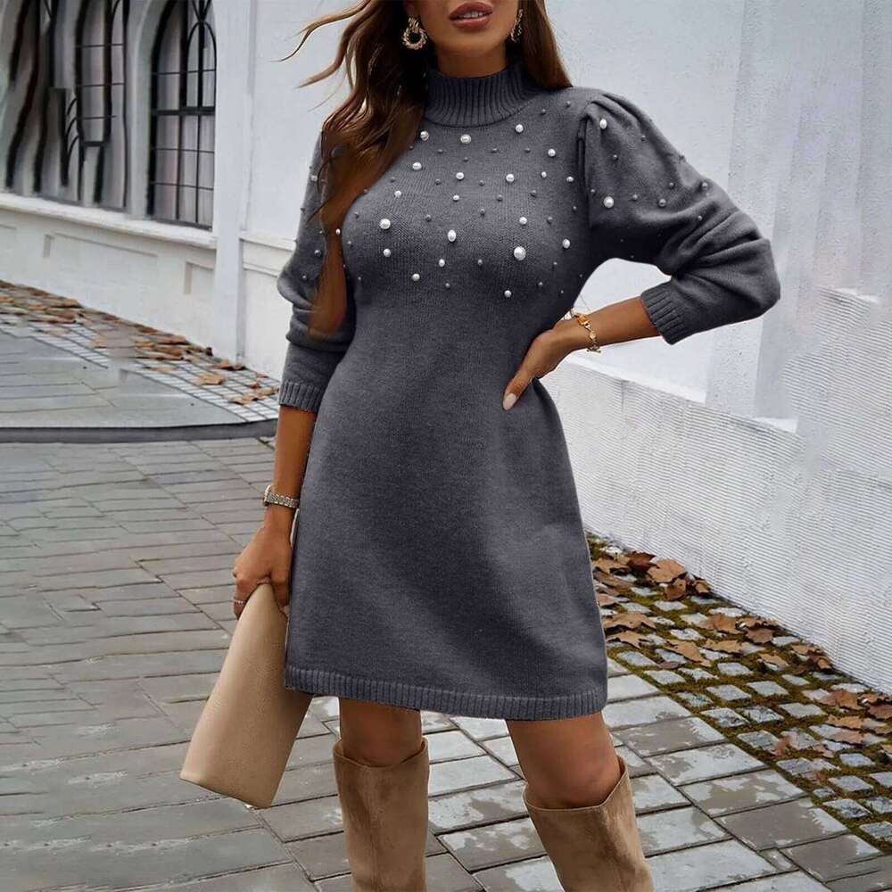 Women'S Elegant High Neck Body Hugging Knitted Wrap Hip Skirt Sweater Dress Long Sleeved Pullover XJ260225