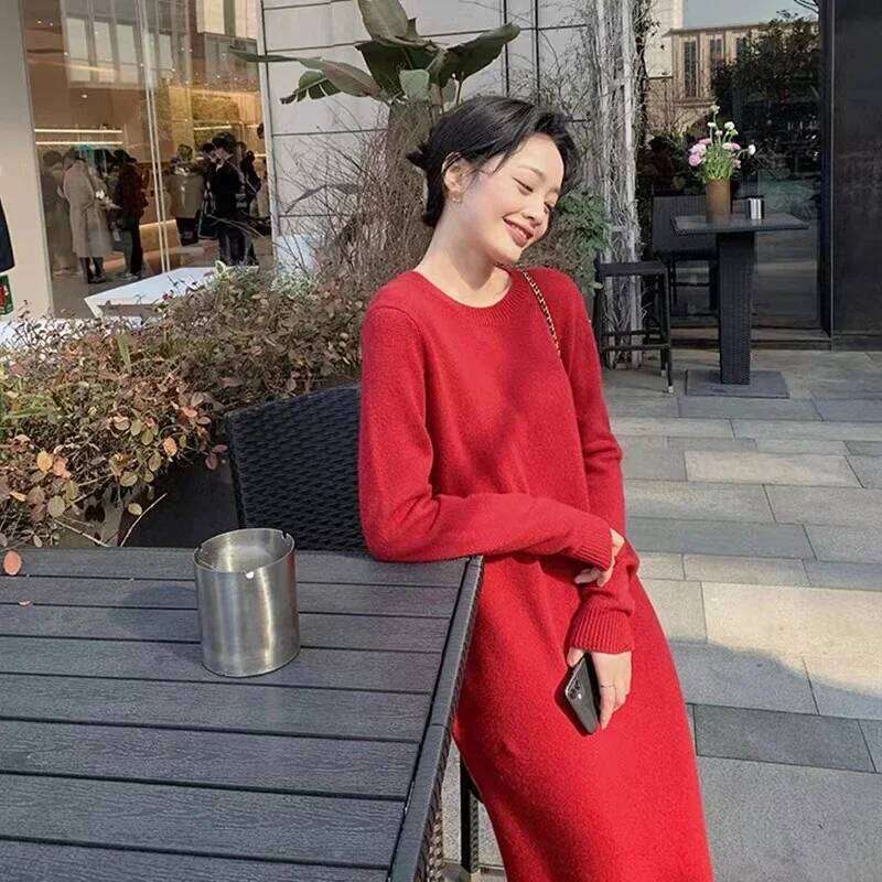 Women's Pure Cashmere Knit Dress Simple round Neck Knee-High Coat Long Sweater Skirt Autumn Winter Fashion New Arrival XJ260225