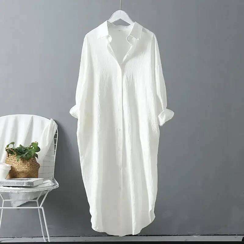 Fashion Long Sleeve Cotton Linen Midi Dress 2024 Fall Loose Casual Comfortable White Buttons Dresses For Women Robe Femme XJ260225