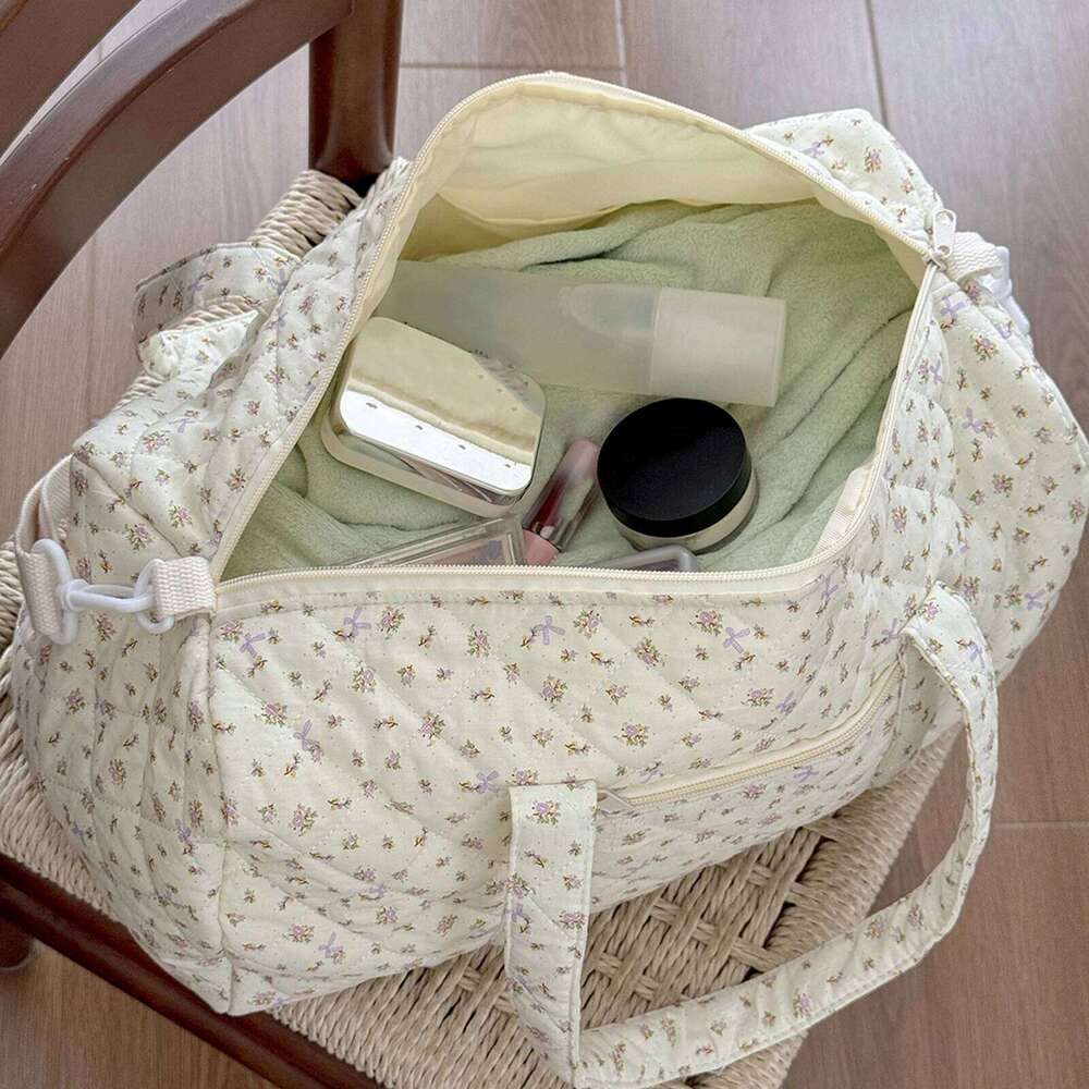Cotton Quilted with Zipper Overnight Floral Print Tote Bag for Women Weekend Travel Shopping Y260225