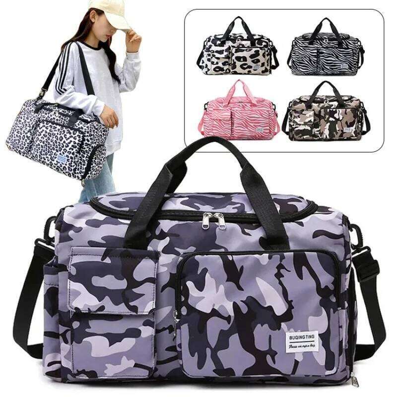 Travel Women's Handbag Leopard Zebra Camouflage Waterproof Large Pull Rod Boarding Fitness Dry Wet Separation Luggage Bag Y260225