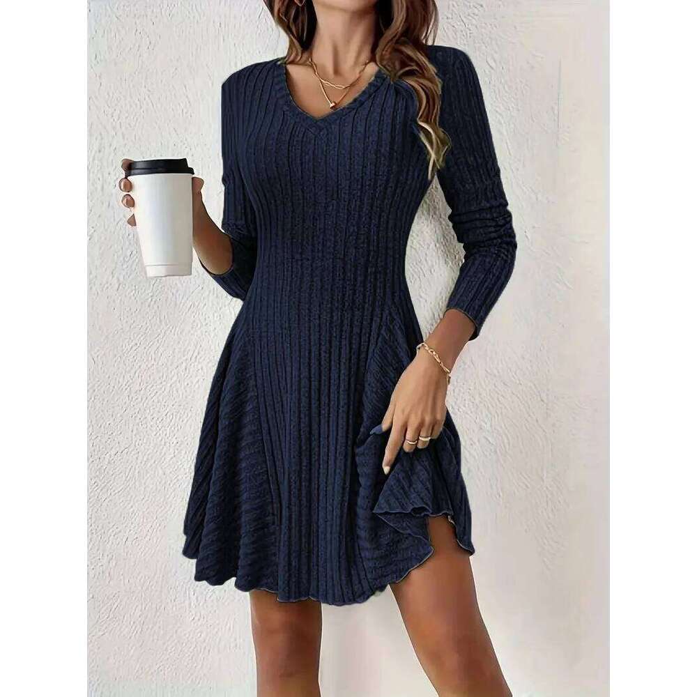 Women's V-Neck Knit - Long Sleeve Swing Mini Dress, Elegant Bodycon Short Dress XJ260225