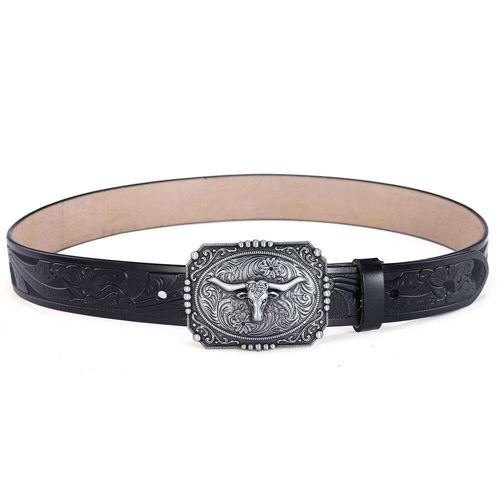 Big Bull Buckle Western Belt for Men High Quality Cowboy Faux Leather Waist Male Belts Floral Engraved Jeans Street Punk 3.8cm Y260225