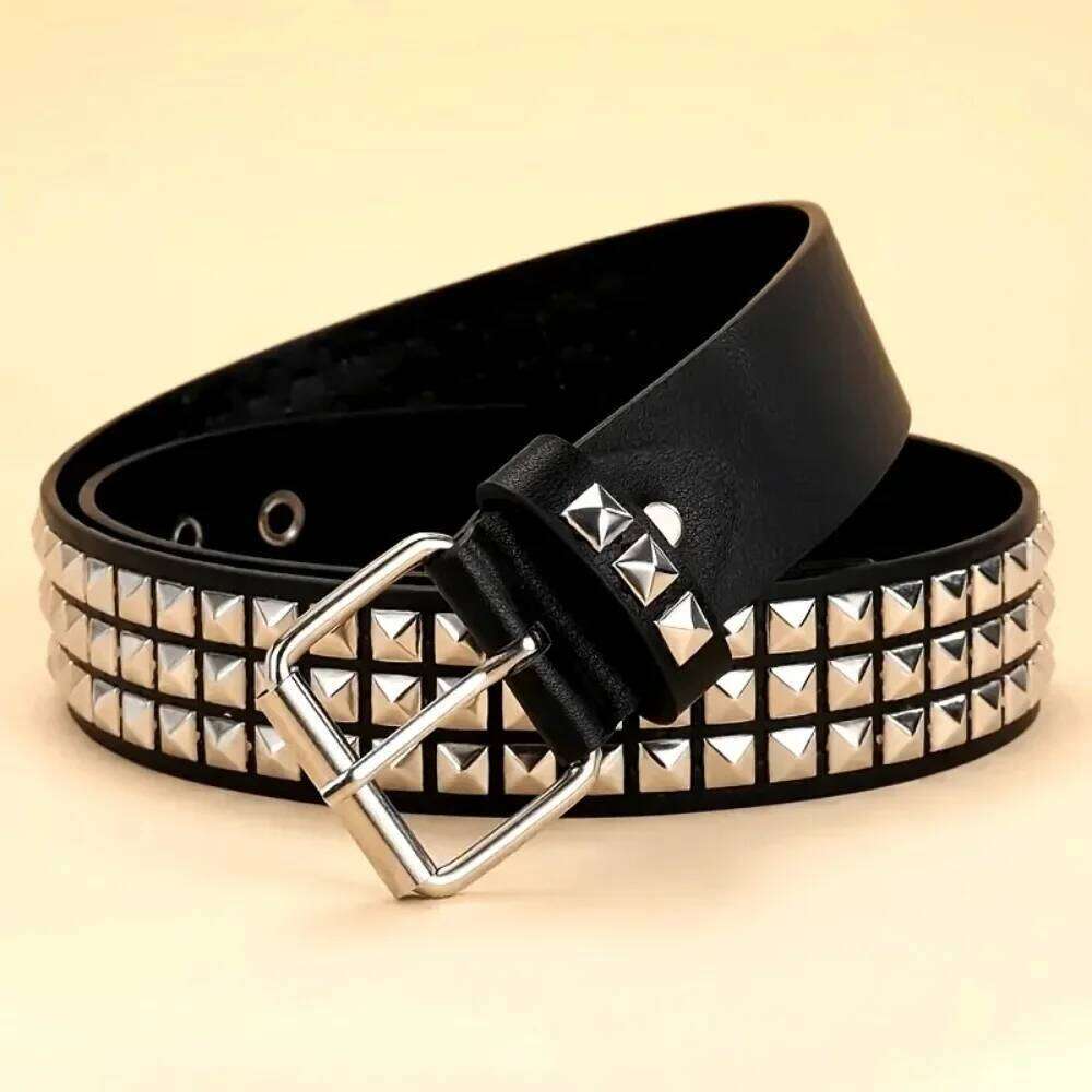 1Pcs Black Leather Belt with Silver Pyramid Studs Punk Rock Style Men Women Fashion Waist Strap Y260225