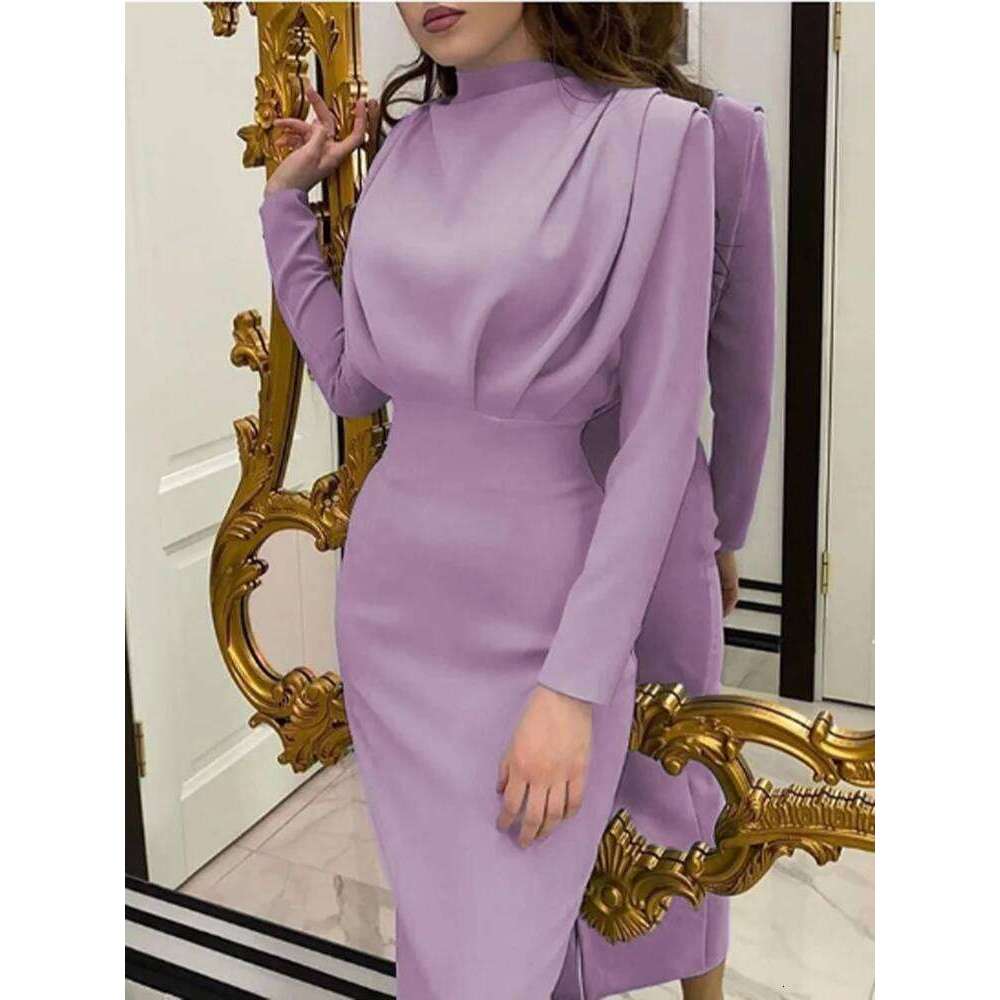 Round Neck Pleated Long Sleeved High Waisted Solid Color Women's Daily Office Elegant Urban Style Autumn Dress XJ260225