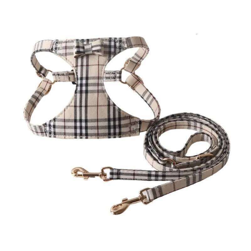 New Dog Harness Set For Small And Medium Dogs Adjustable Plaid Bow Vest Double Hook Leash Pet Supplies Puppy