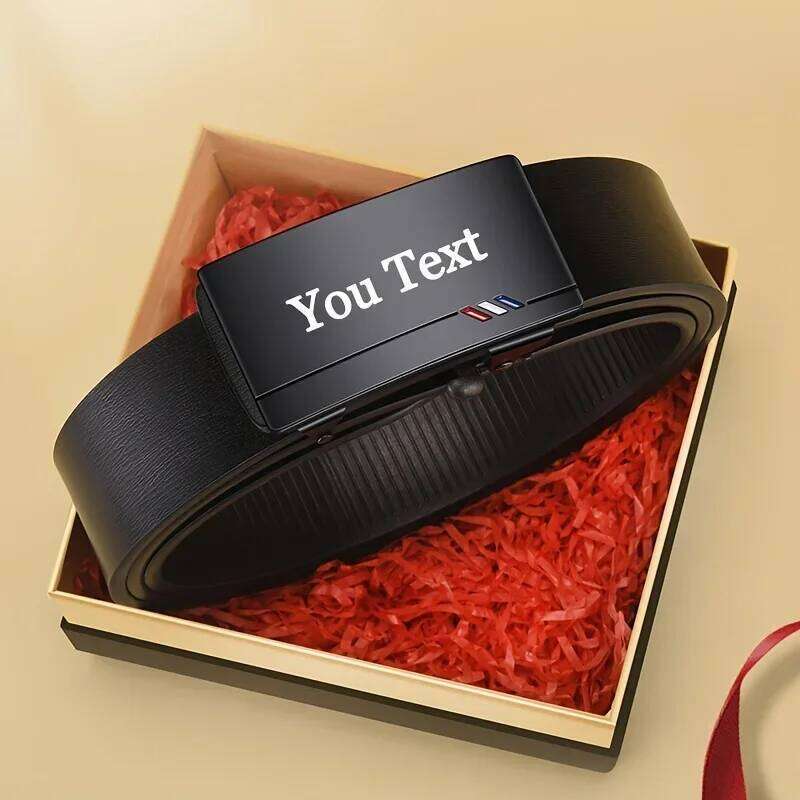 Personalized Men's Custom Engraved Name PU Leather Belt, Automatic Alloy Buckle Business Waistband, Gift for Father's Day Y260225