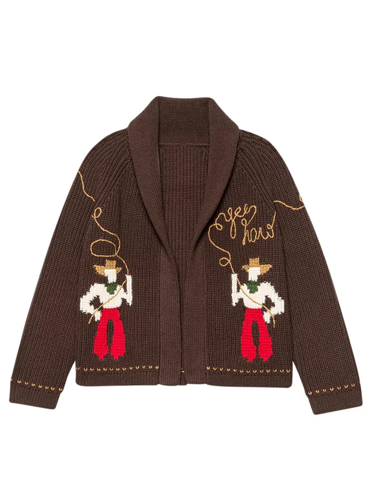 Fashion Knitted Sailboat Jacquard Sweater For Women Spring Turn Down Collar Cardigan Female Street Chic Tops 260126