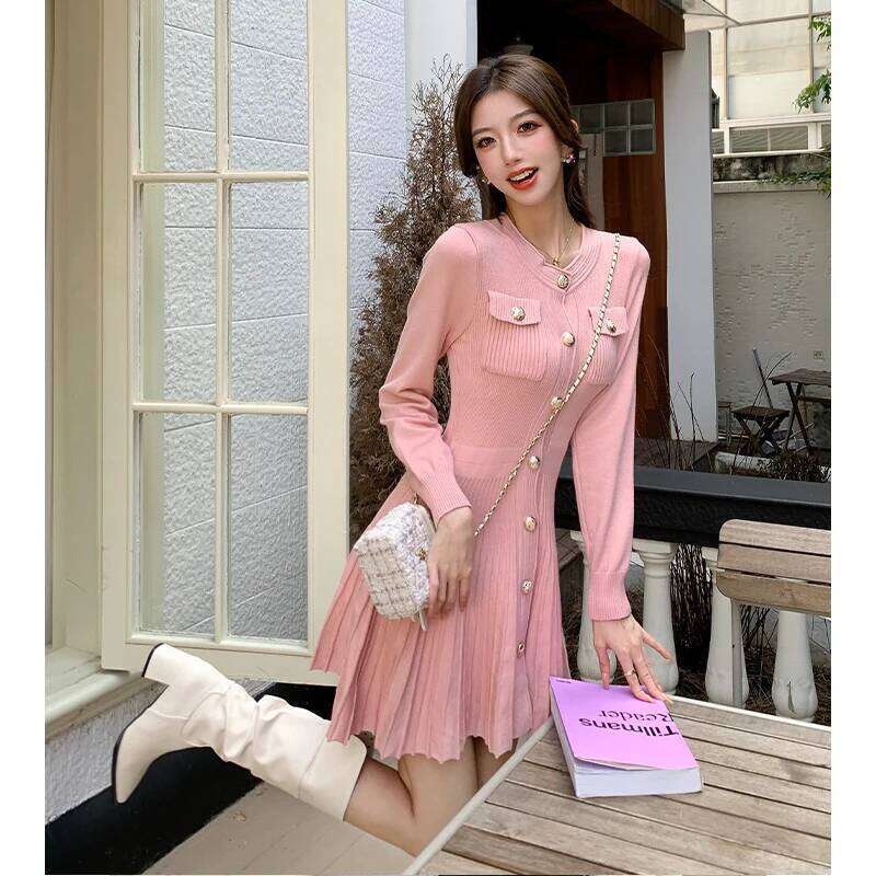 Spring Korean Fashion High-street Knit Mini Women's O-Neck Long-sleeve Single-breasted Pleated Casual Sweater Dress XJ260225