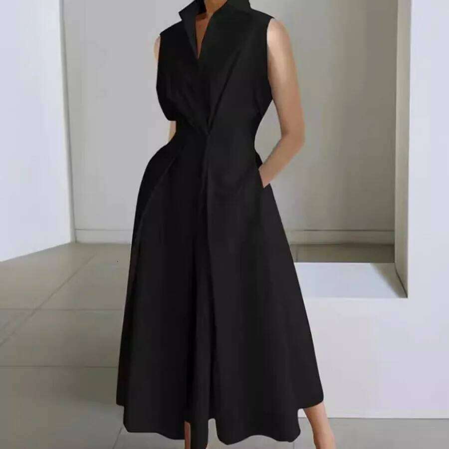 DSMTRC Elegant Work Dresses Womens Office Wear Summer Solid V-neck Stand Up Fashion Button Dress Lady Sleeveless Pocket Vestidos XJ260225