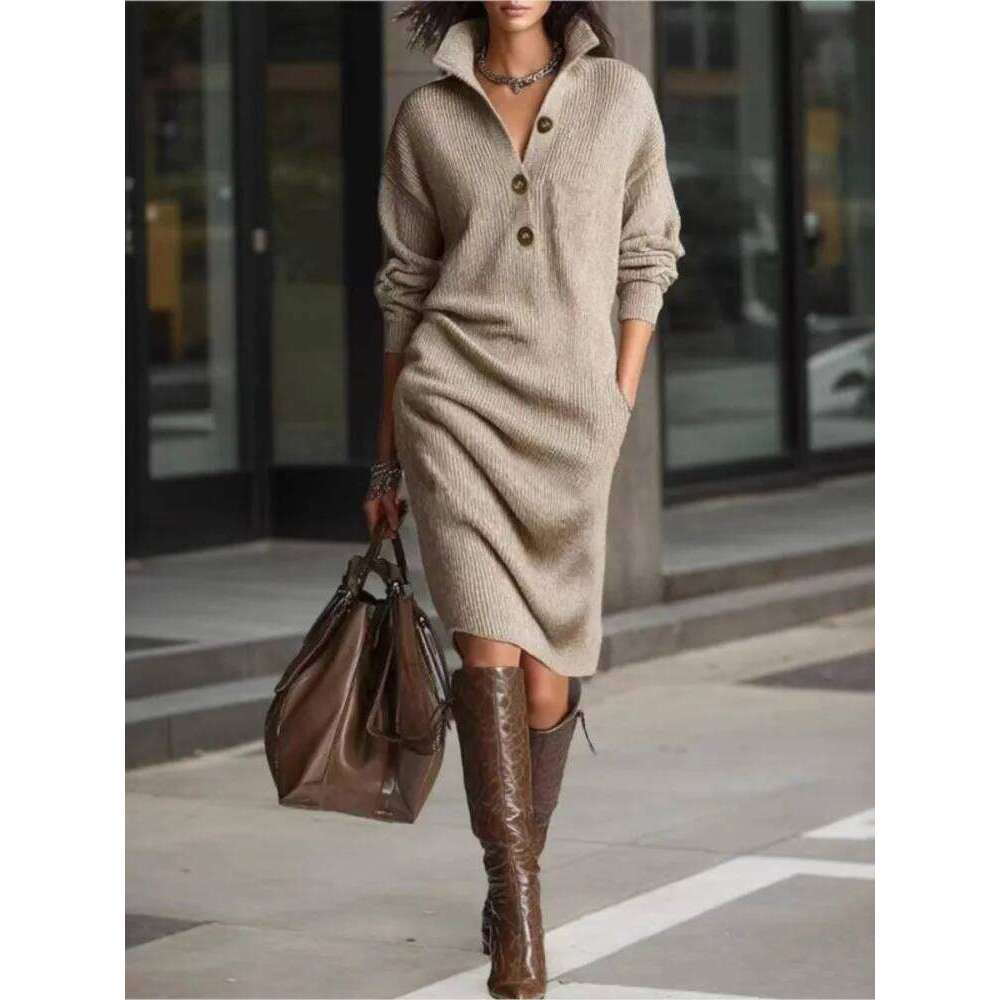 Solid Knitted Midi Dress For Woman Spring Fashion Button Half-open High Neck Loose Dresses Ladies Autumn Leisure Warm Vestidos XJ260225