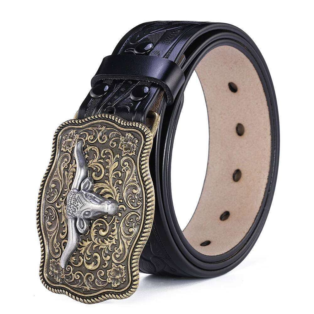 Big Bull Buckle Western Belt for Men High Quality Cowboy Faux Leather Waist Male Belts Floral Engraved Jeans Street Punk 3.8cm Y260225