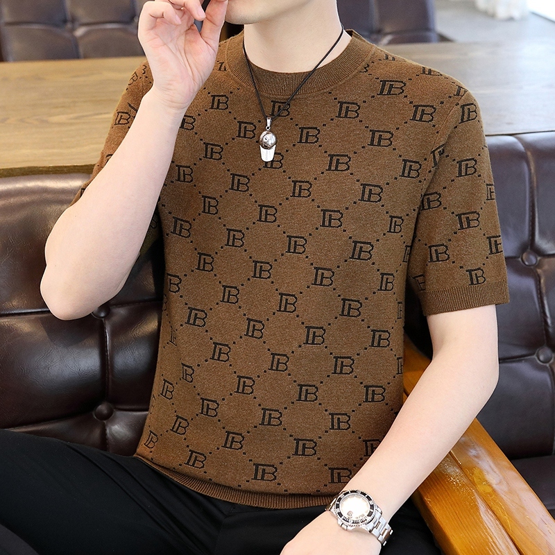 Luxury Luxury Designer Clothes Mens Short-Sleeved Knit Sweater Spring And Autumn Trendy Slim-Fit Round-Neck Half-Sleeve Base Shirt Casual Versatile Wa