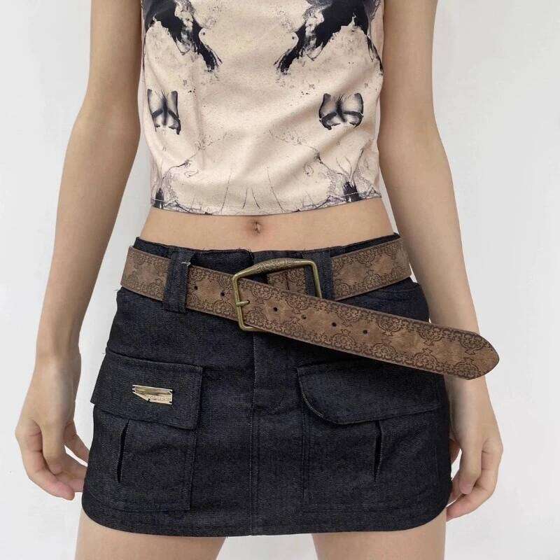 Y2K Retro Pu Embossed Belt American Vintage Leather Waistband Punk Brown Waist Deco Belts Unisex Streetwear Fashion Accessories Y260225