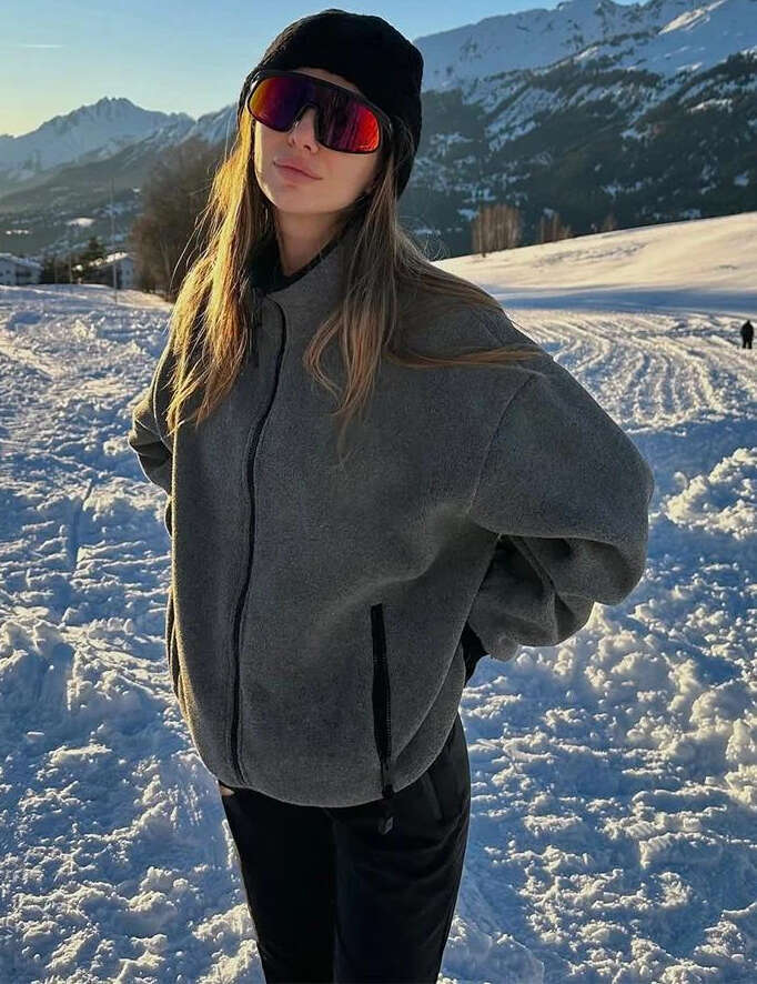 Women's wool stand up collar jacket casual gray zipper drawstring warm jacket 2026 autumn and winter fashionable women