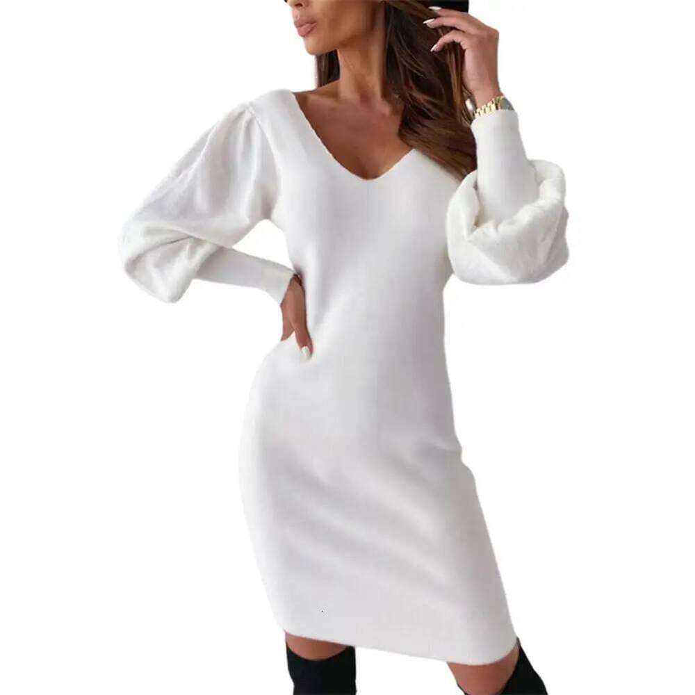 Women White And Autumn Costume Party Dress Ladies Warm Black Open Back Lace Lantern Sleeve V Neck Sweater Spring XJ260225