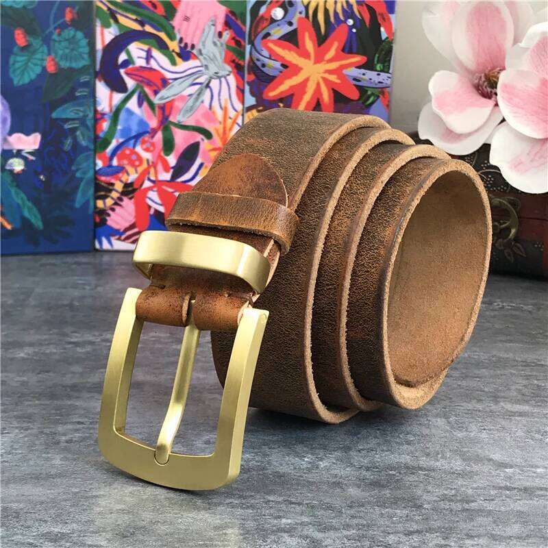Vintage Brass Buckle Genuine Leather Male Ceinture Yellow Cowboy Jeans Men' Long 130cm Waist Belt MBT0006 Y260225