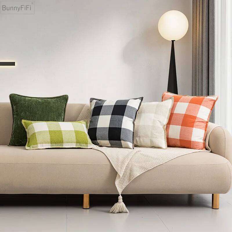 Plaid Cushion Cover for Sofa Faux Linen Black Green Orange Beige 45x45cm 30x50cm 50x50cm Decoration Pillow Case Living Room
