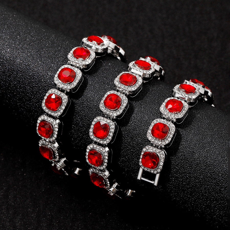 New Hip Hop Red Glass 12mm Cuban Hand Necklace Rock Sugar Chain HipHop Trendy Men's Accessories