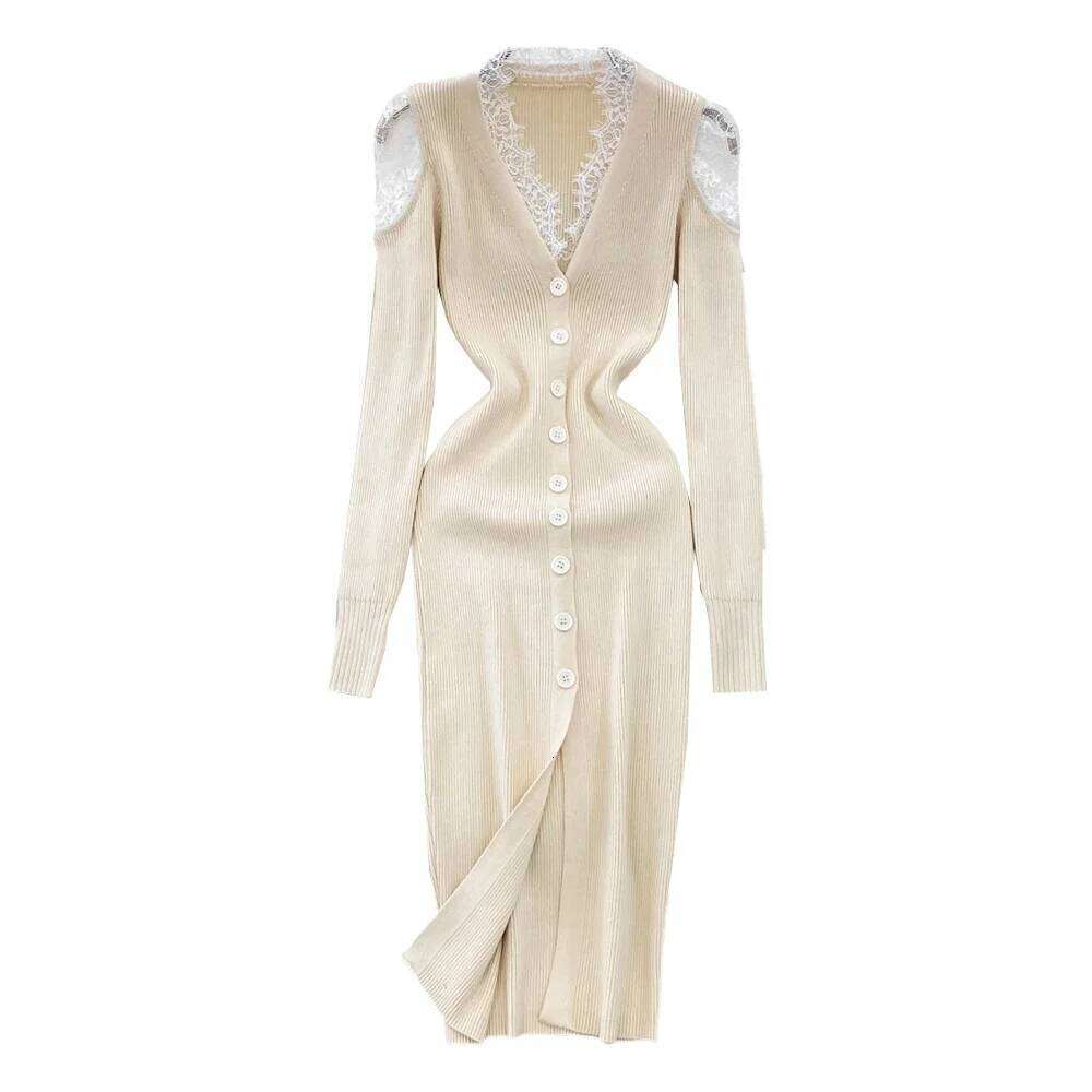 2026 New Autumn French Vintage Style V-neck Sleeve Knitted Dress Lace Spliced Single Breasted Long Wrap Hip Dresses XJ260225
