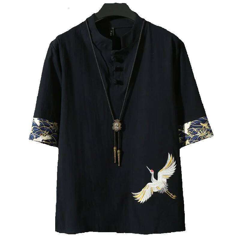 Men's Short sleeve New Chinese Style Embroidered Cotton Linen Top Loose Fit Stand Collar With Frog Buttons And Crane Embroidery Comfortable Soft - view 4