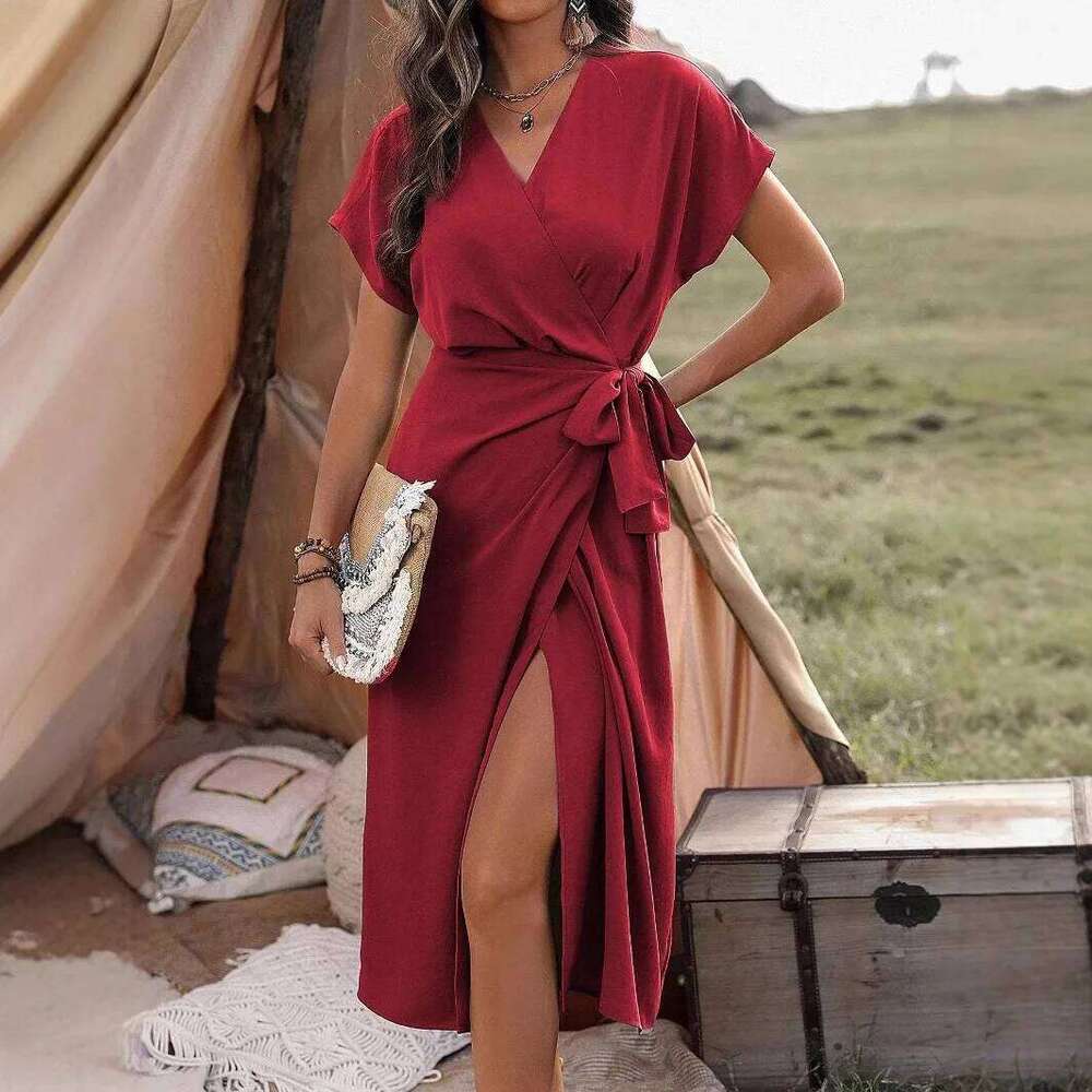 2 Summer New Dresses Fashionable Temperament Casual Commuting Fork Women's Solid Color Wrapped Tie up Skirt XJ260225