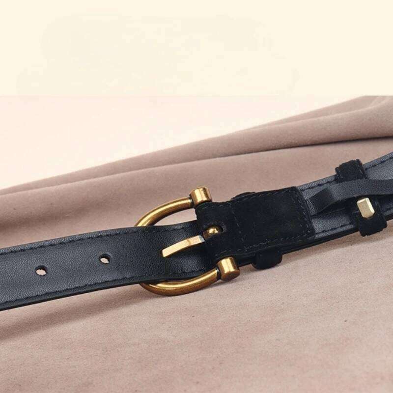Fashion Women Belt Suede Genuine Leather Skinny Waistband Gold Buckle Wine Red Belts for Jeans Pants Casual Y260225