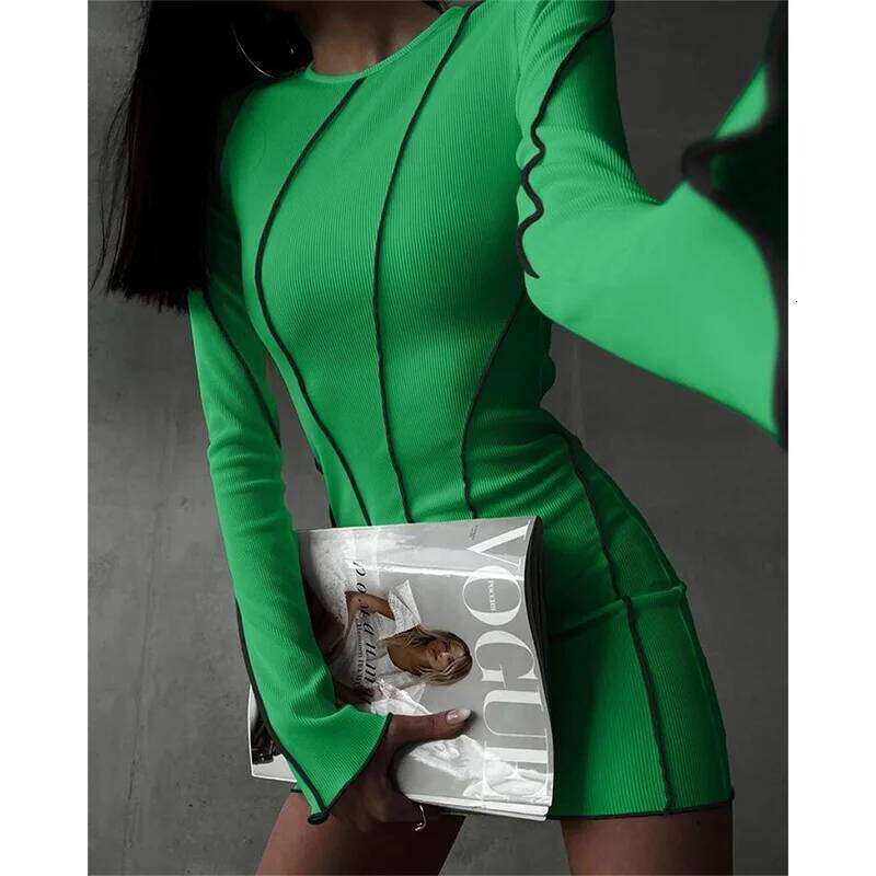 Flare Sleeve Ribbed Bodycon Dress Women Autumn Winter Full Sleeves Sheath Mini Vestidos De Festa Contrast Stripes Sexy Dresses XJ260225
