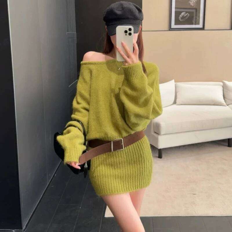 French Sexy Off Shoulder Women with Belt Irregular Long Sleeve Knitted Dress Autumn Fashion Waist Spicy Girl Dresses XJ260225
